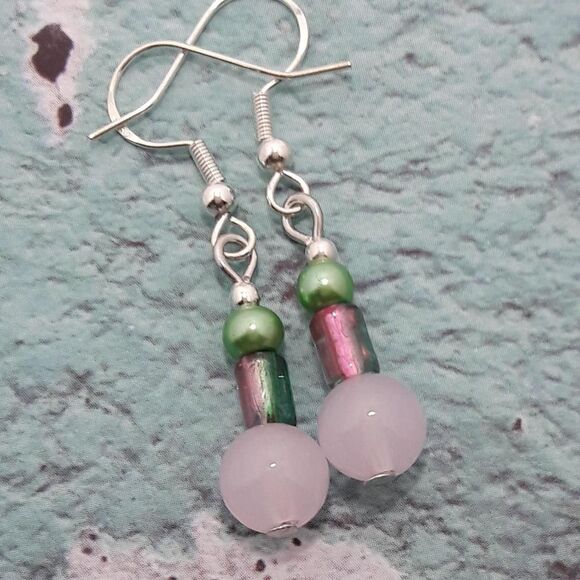 Boho Earrings 403# Petite Pink boho hippie dangle earrings OOAK silver earrings - Picture 1 of 5
